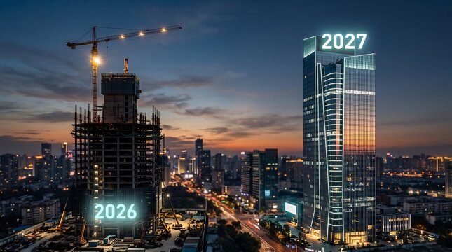 Future city development concept with a skyscraper under construction in 2026 and a completed modern building in 2027 at sunset
