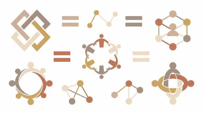 Abstract icons representing teamwork, networking, and community connection are set against a white background.