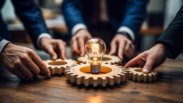 Business team collaborating around light bulb and gears for innovation strategy