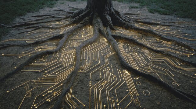 Tree roots intertwined with digital circuits.