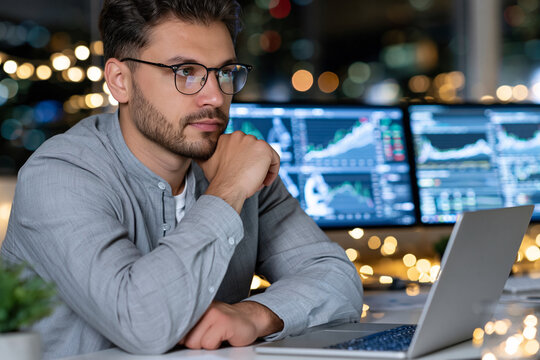 Young man studies financial data at night. Glasses and thoughtful pose suggest deep analysis. Multiple screens show market trends and charts. Warm bokeh lights add cozy, focused ambiance
