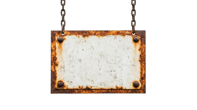 A rustic, weathered metal sign with a blank white center, suspended by two old iron chains, isolated on transparent background