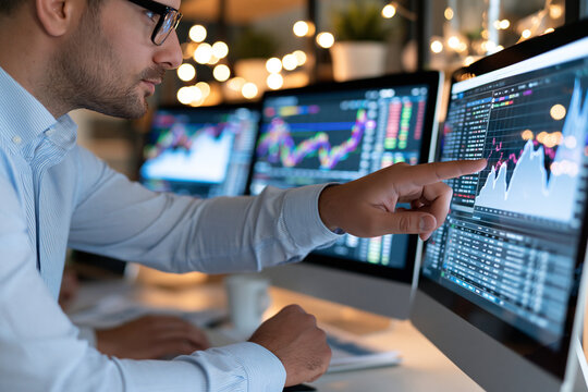 Man studies stock charts with focused attention. Pointing at graphs, he analyzes market trends. Multiple screens display financial data in detail. Warm bokeh lights add depth to the workspace