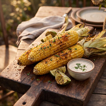 grilled corn on the cob Delicious Grilled Corn Cobs Served On Wooden Board With Sauce