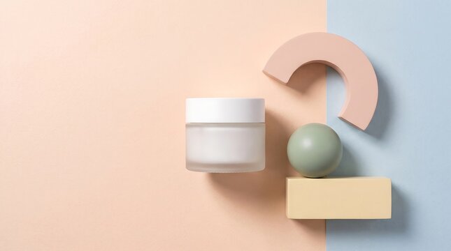 Cosmetic cream jar with white lid placed on geometric shapes including a sphere, a cube, and an arch on a pastel pink and blue background surface