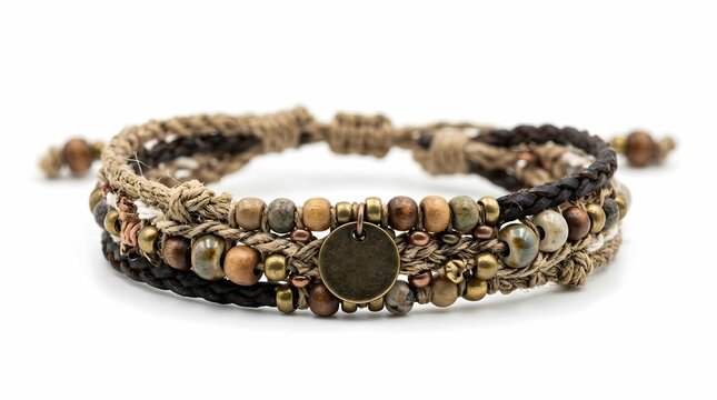 Boho style multi strand woven leather and cord bracelet with wooden beads and metallic charm on white background