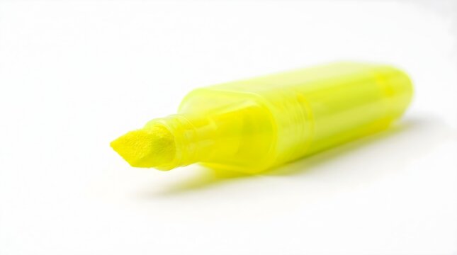 Bright yellow highlighter pen resting diagonally on a clean white surface