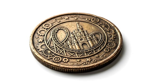 Bronze coin featuring engraved theme park castle and roller coaster