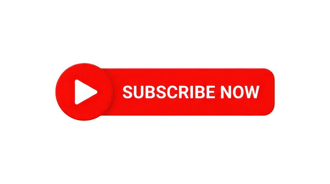 3d red subscribe button with play icon isolated on transparent background