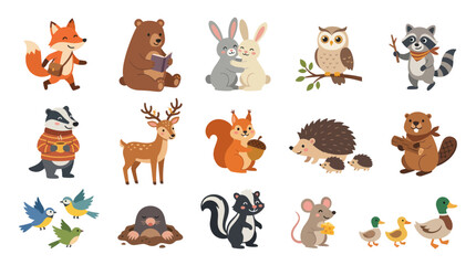Fototapeta premium Cute Woodland Forest Animals Flat Vector Illustration Set Cartoon Fox, Bear, Rabbits, Deer, Owl, Squirrel More