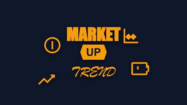 Market up trend text animation featuring dynamic yellow icons and financial growth symbols displayed in motion for business video presentation