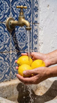 Hands washing fresh yellow lemons under running water from brass tap against blue ceramic tiles at Amalfi coast.