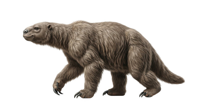 Realistic illustration of a giant ground sloth, an extinct prehistoric mammal, walking isolated on transparent background