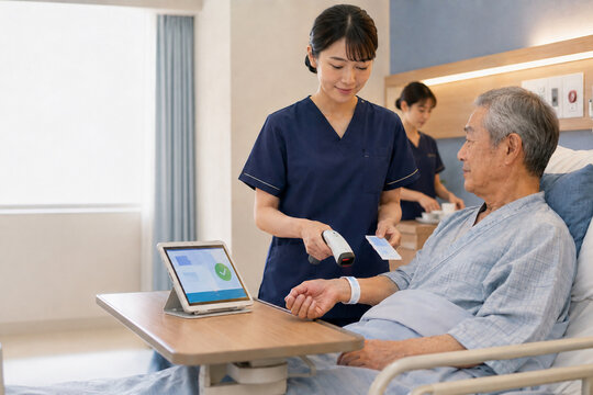 Asian nurse scanning a patient wristband with a barcode reader in a hospital room.