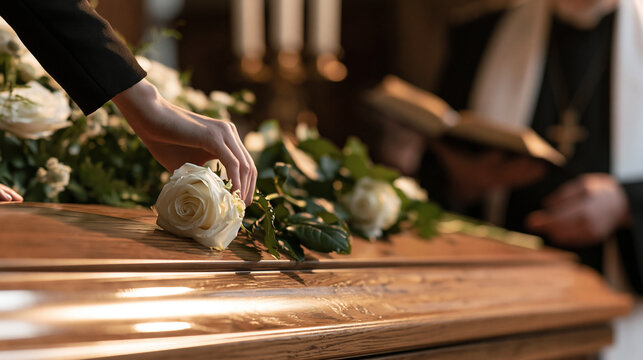 Fresh white rose being put by woman in mourning attire on top of closed coffin lid against priest with open Bible carrying out funeral service