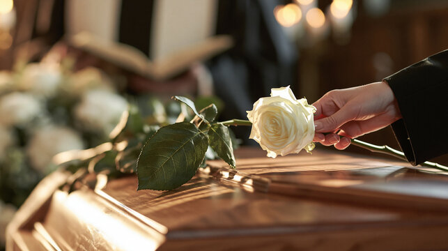 Fresh white rose being put by woman in mourning attire on top of closed coffin lid against priest with open Bible carrying out funeral service