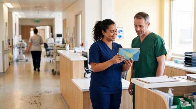 Pflegekr&auml;fte besprechen Patientendaten auf Tablet im Krankenhausflur
