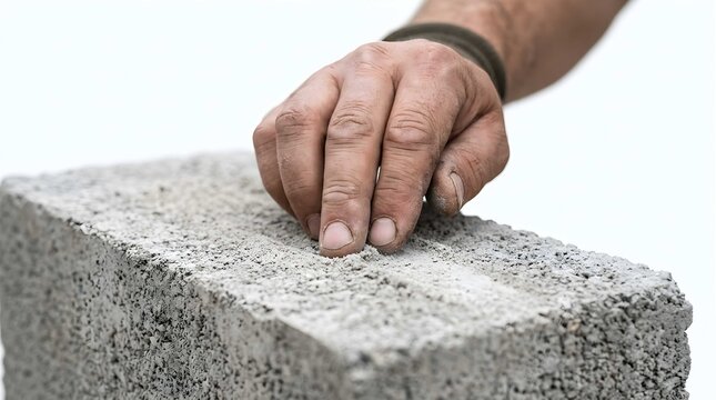 Builder hand touching concrete block on construction site