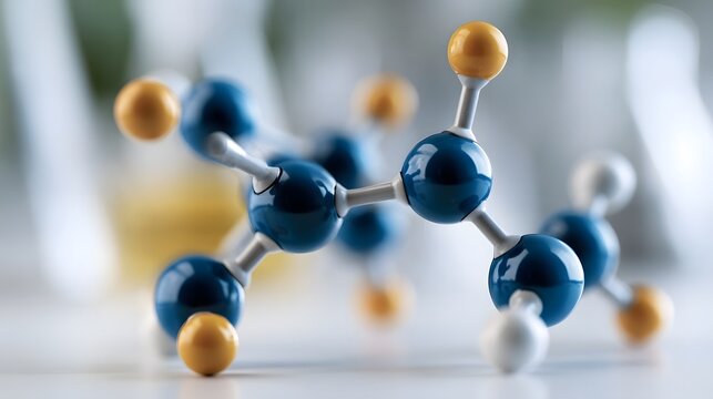 A detailed molecular model with blue and yellow spheres connected by silver rods  set against a softly blurred background