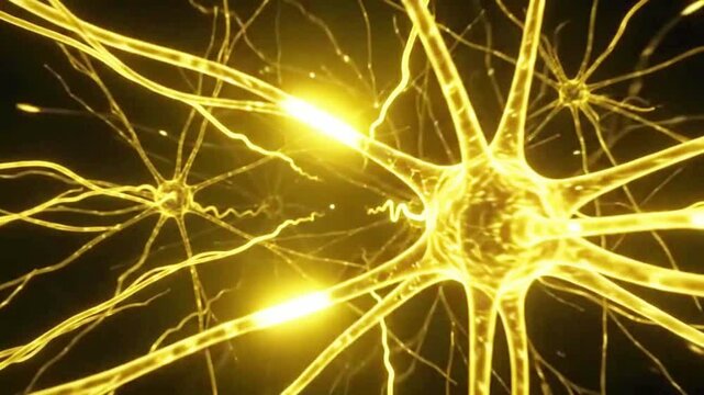 Glowing golden human brain neurons firing electrical impulses loop background.