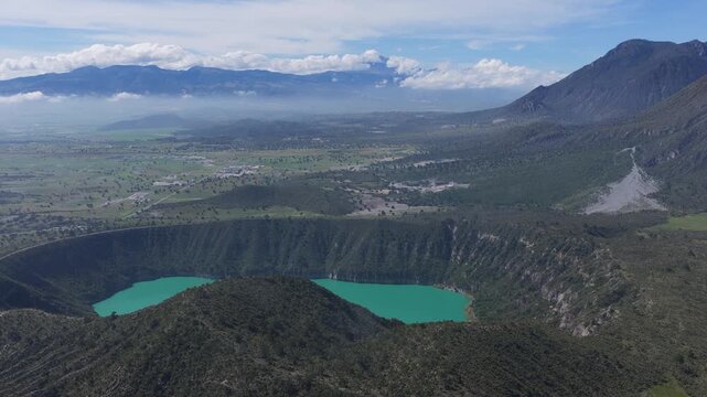 aerial Timelapse video in a blue lagoon near Orizaba volcano in Mexico