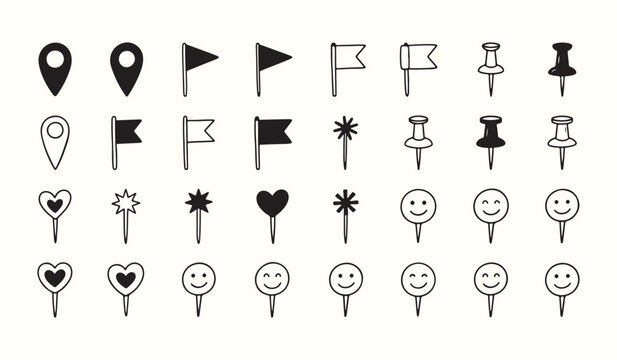Collection of hand drawn map pointers flags and pins icons with location pins push pins location markers pointer set pin collection travel icons navigation symbols collection background
