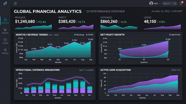 Global financial analytics dashboard interface displaying revenue, profit, expenses, and user growth charts with dark mode UI design for business data visualization.