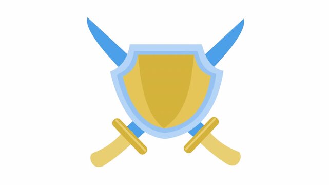 Crossed swords behind a golden shield coat of arms emblem cartoon animation for gaming defense symbol and security guard element concept isolated on an alpha channel.