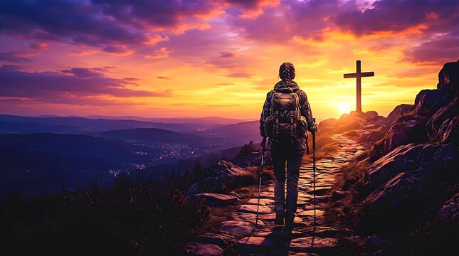 Hiker walking towards christian cross on hilltop at dramatic sunset. Sunset pilgrimage scene and faith and nature artwork for religious editorial, spiritual journey, and inspirational design.