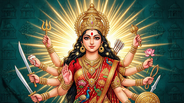 Hindu goddess durga maa standing, with golden crown, traditional saree, and spiritual glow.