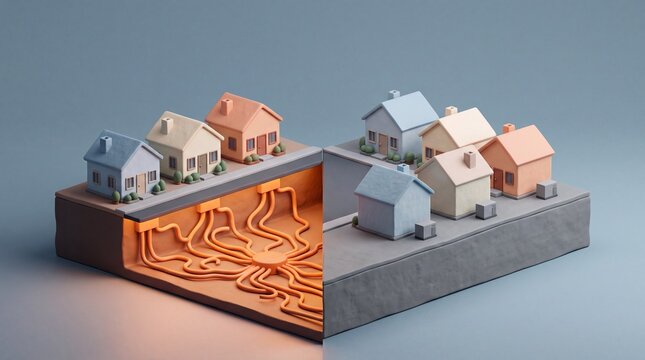 Fernw&auml;rmenetz verbindet Wohnh&auml;user unterirdisch im 3D-Modell