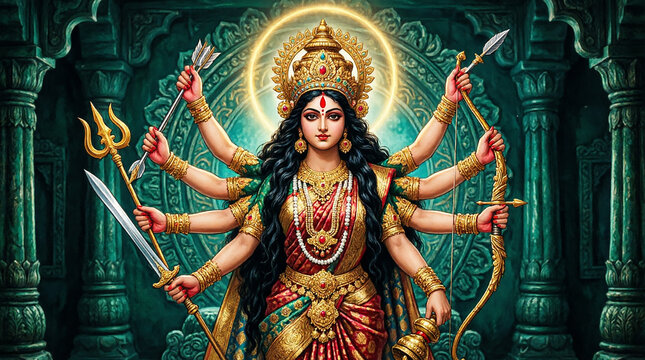 Goddess Durga with multiple arms, weapons, and divine symbols, fierce protector deity.