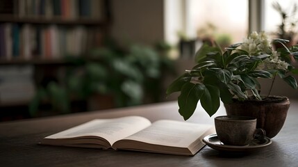 Obraz premium An open book rests on a wooden table beside a potted plant and a cup with soft light from a window and bookshelves in the background
