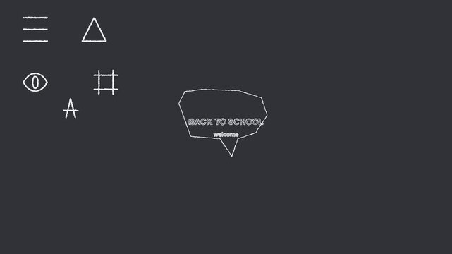 Back to school message displayed inside a hand drawn speech bubble animation style graphic on a dark textured board background