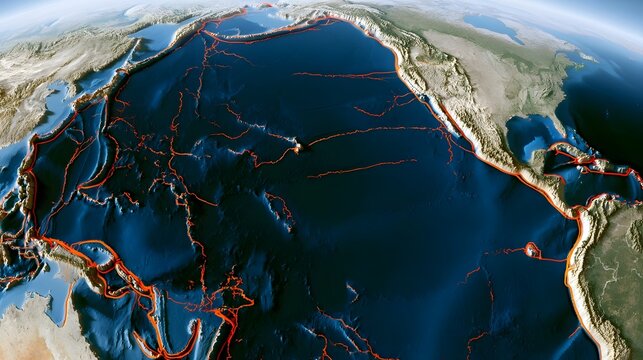 A detailed view of tectonic plate boundaries highlighted in red across a global oceanic region with surrounding landmasses
