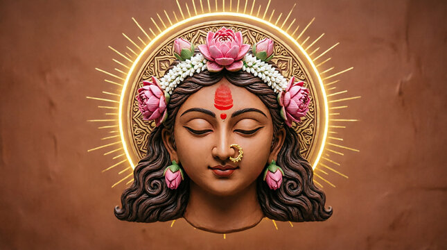 Divine hindu goddess durga maa face with glowing aura for navratri festival celebration.