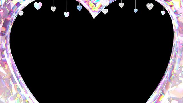 Iridescent heart frames decorative border background with floating pink scribble hearts and shimmering hanging charms for romantic valentine celebration