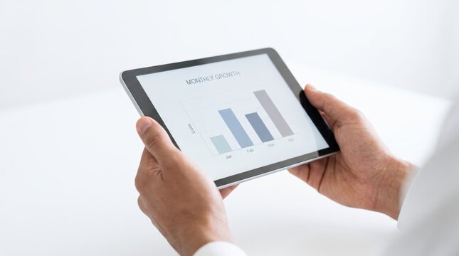 Hands holding tablet displaying monthly growth bar chart statistics, business analytics and financial data visualization on digital screen, corporate success concept