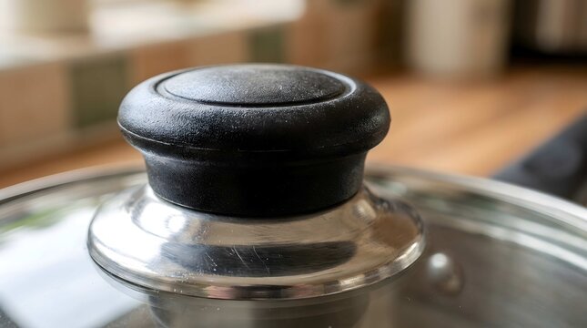 Close up of a black heat resistant handle on a clear glass pot lid