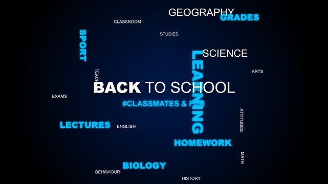 Back to school animated motion graphics sequence featuring educational floating text elements and glowing blue letters for digital video content