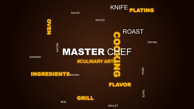 Master chef culinary arts typography animation video displaying floating glowing golden keywords relating to professional kitchen cooking and food preparation