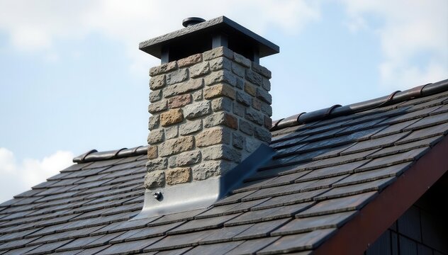 Textured slate chimney, contrasting roof shingles, perspective, roofing materials, contrast