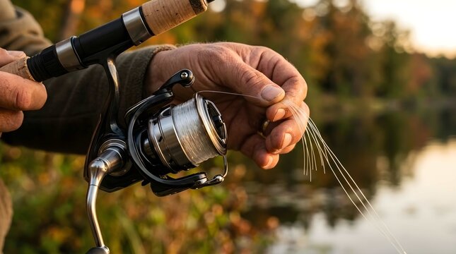 Close up of a person holding a spinning rod and spooling nylon line
