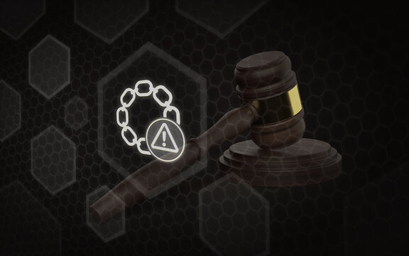 A 3D legal concept graphic showcasing a wooden gavel alongside a glowing chain icon and a warning symbol for law, legal issues, and compliance alerts.