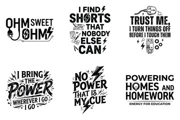 Fototapeta premium Electrical themed typographic designs with lightning bolts and circuit elements on a white background electricity