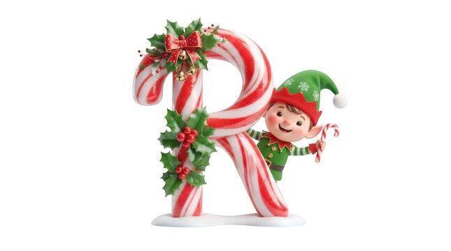 3d render of a candy cane letter r decorated with holly and a cute christmas elf isolated on transparent background