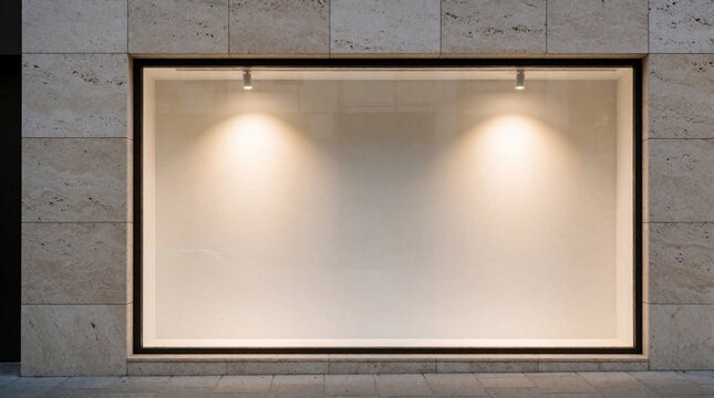 Modern empty storefront window illuminated by spotlights. Minimalist architecture facade with travertine stone tiles. Clean retail display space awaits product presentation.