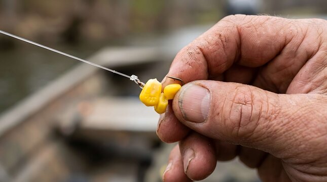 Close up of angler hand holding corn bait on metal hook for angling
