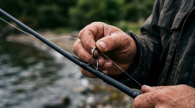 Close up of angler hands threading line through rod eyelet outdoors