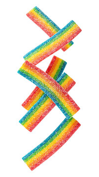 Falling rainbow sour candy strips isolated on transparent background